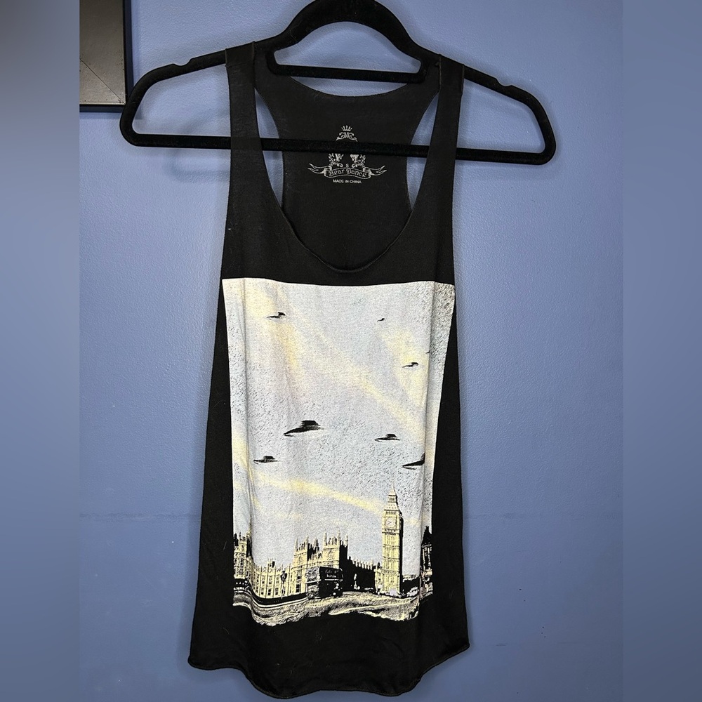 Bear Dance Black Tank Top with Cityscape Graphic